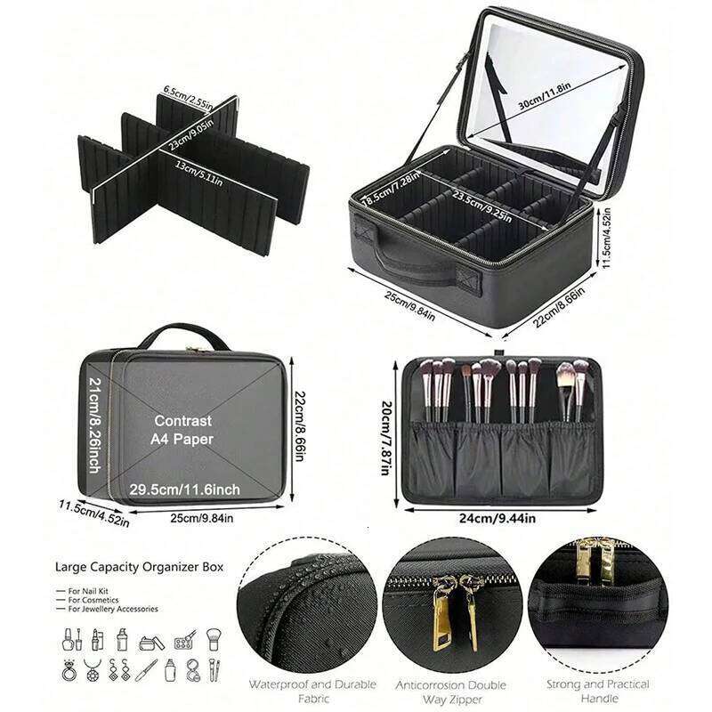 Smart 3 Color LED Travel Train Cosmetic Light And Mirror Bag Female Beautician Skincare Makeup Case For Women Y260206