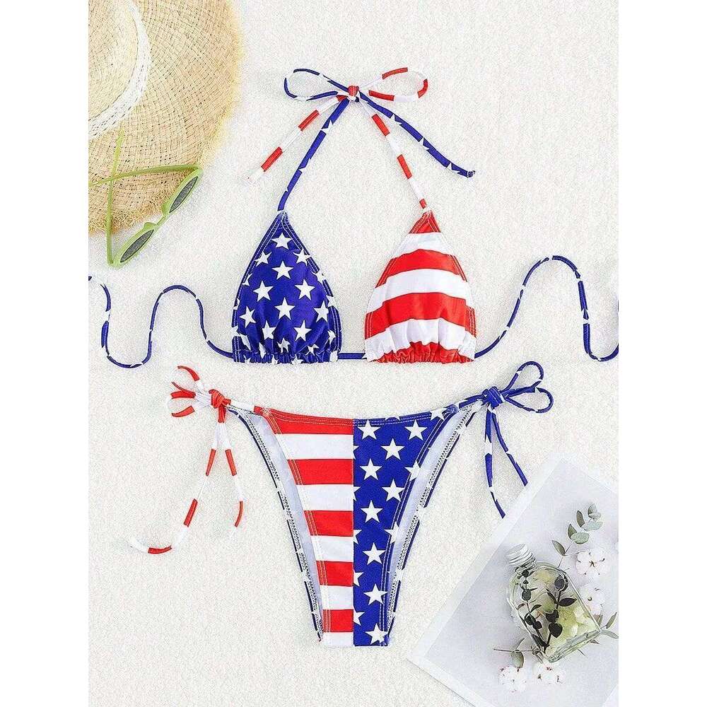 American Flag Print Micro Bikini Set Adjustable Patriotic Tie-Front Halter Two-Piece Swimsuit Summer Women Sexy Swimming Clothes Z260206