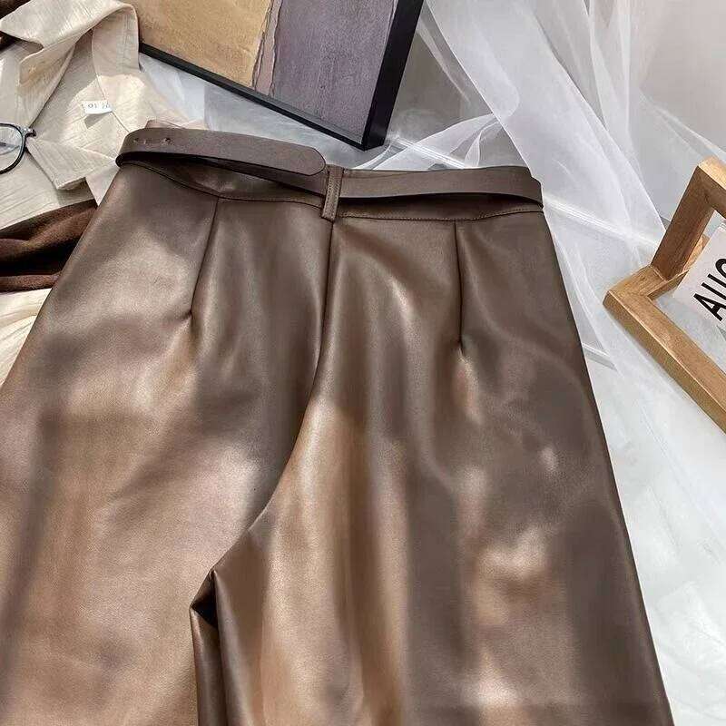 Women Shorts PU Leather Autumn Vintage BF Unisex Loose Wide Leg Bottoms British Stylish Chic Streetwear High Waist Smooth Simple H260206