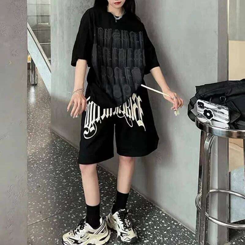 Y2K Bf Drawstring Printing Women Fashion American Style Streetwear Sports Hip Hop Loose Casual Wide Leg Shorts XJ260206