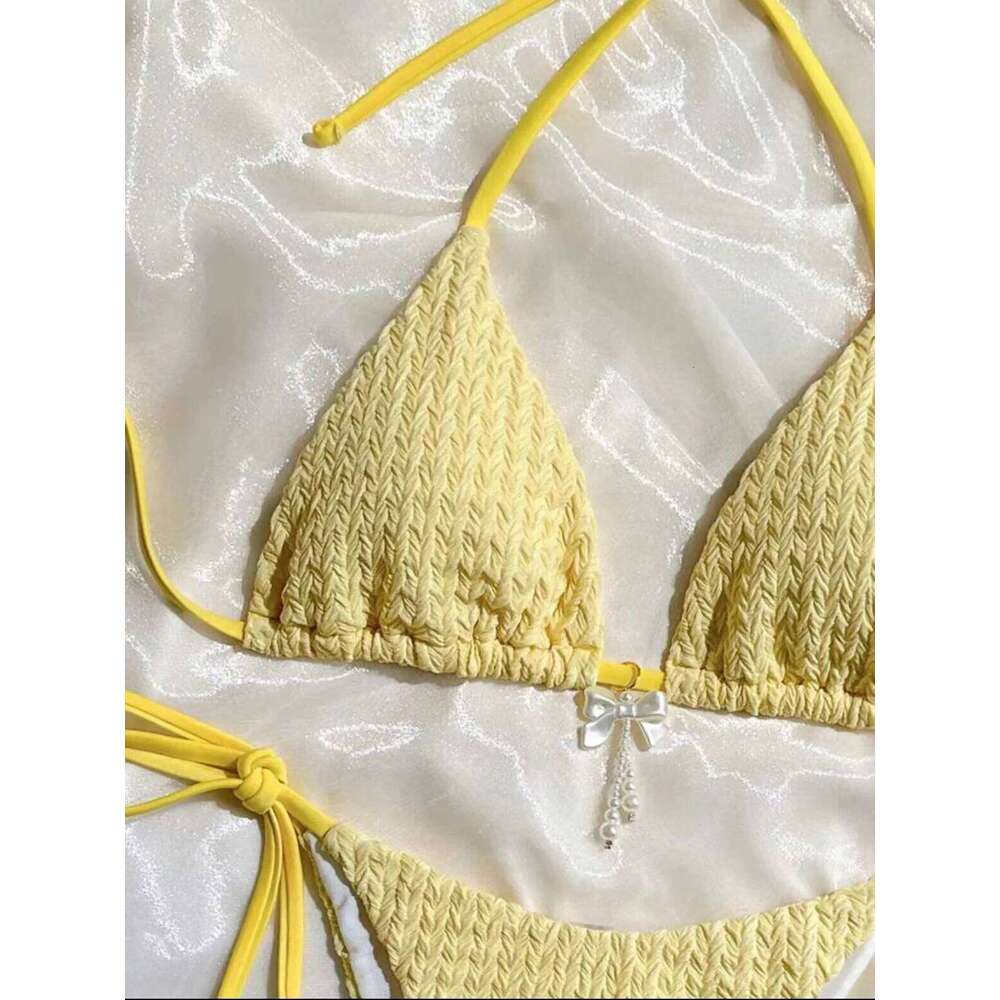 sexy yellow bow pendant women's bikinis sets two pieces halter tie swimsuit beachwear bathing suit swimwear biquini trikini Z260206