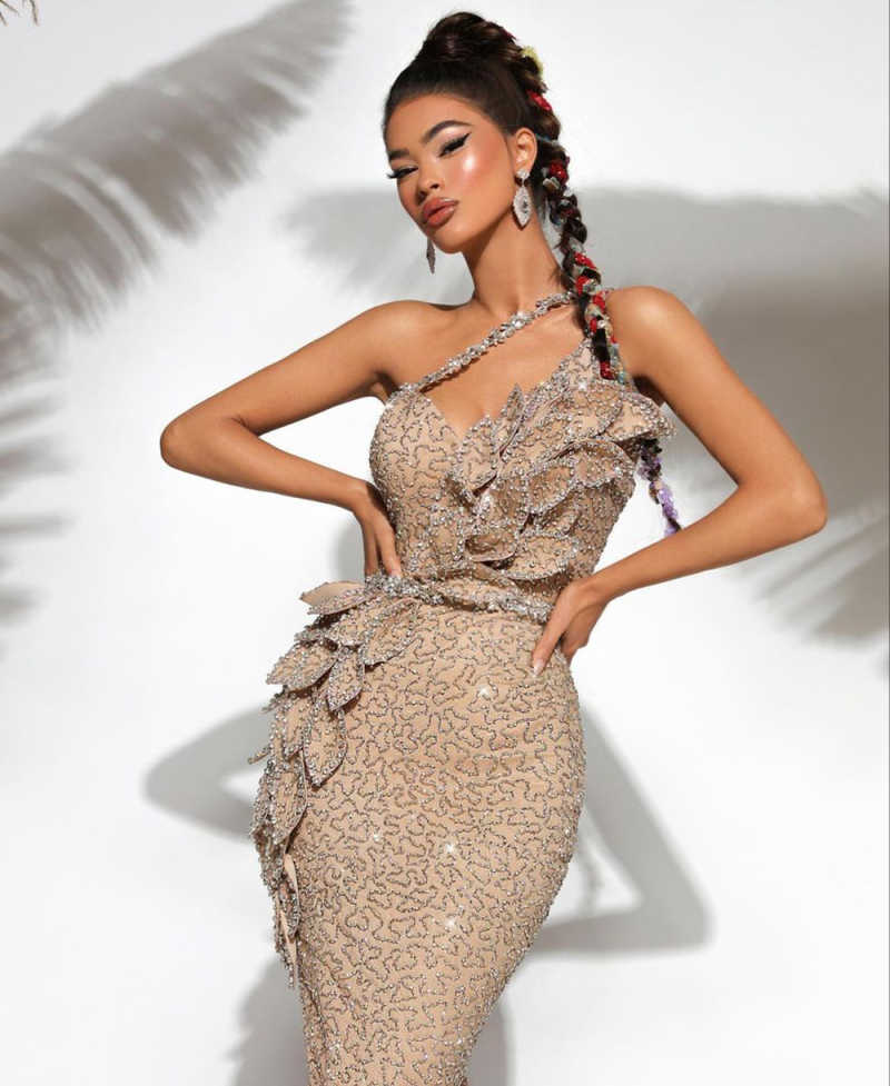 Luxury Crystals Golden Mermaid Prom Evening Dresses With High Slit 3D Flower Women Glitter Sequin Long Party Dress Customized