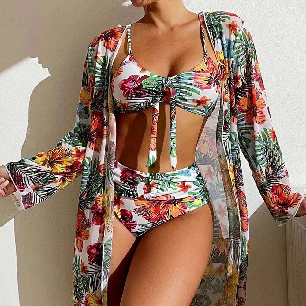 Sexy High Waisted 3 Pieces Floral Printed Swimsuit Size 3XL-S Women Bikini Set With Mesh Long-Sleeved Blouse Super Sales Z260206