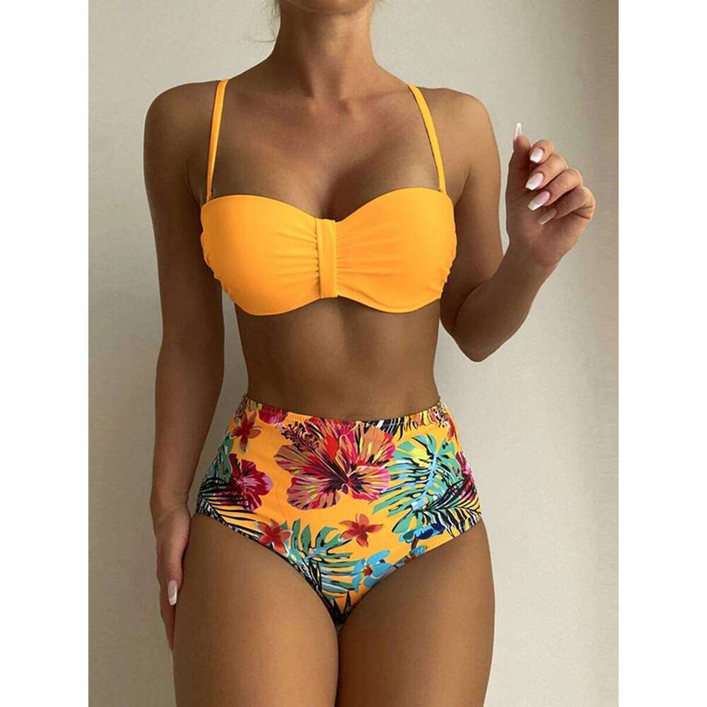 Sexy Solid Bandeau Bikini Set Women Tropical Printed Swimwear Female Push Up Swimsuit High Waist Bathing Suit Tie Back Beachwear XJ260206