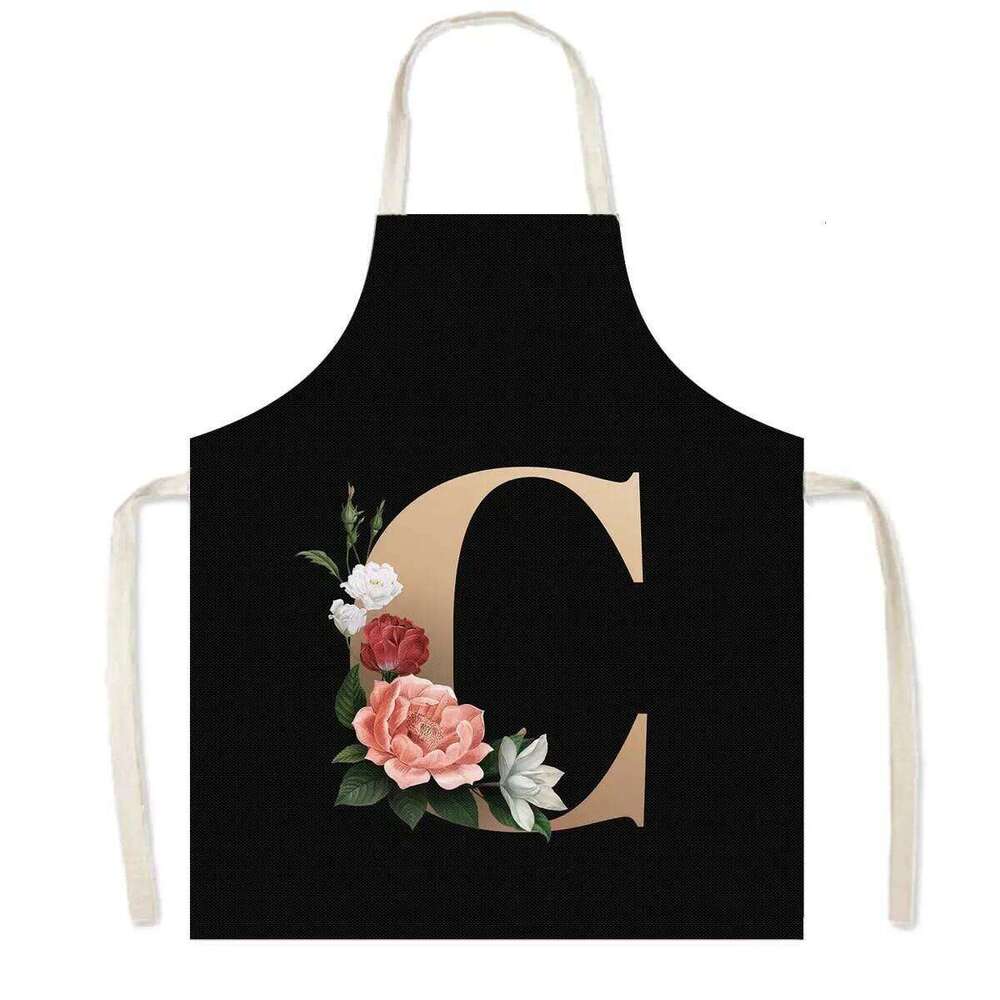 26 Initials Flower Print Kitchen Apron A-Z Letter Women Cooking Aprons BBQ Chef Waiter Home Baking Cleaning Tool Pinafore S260205
