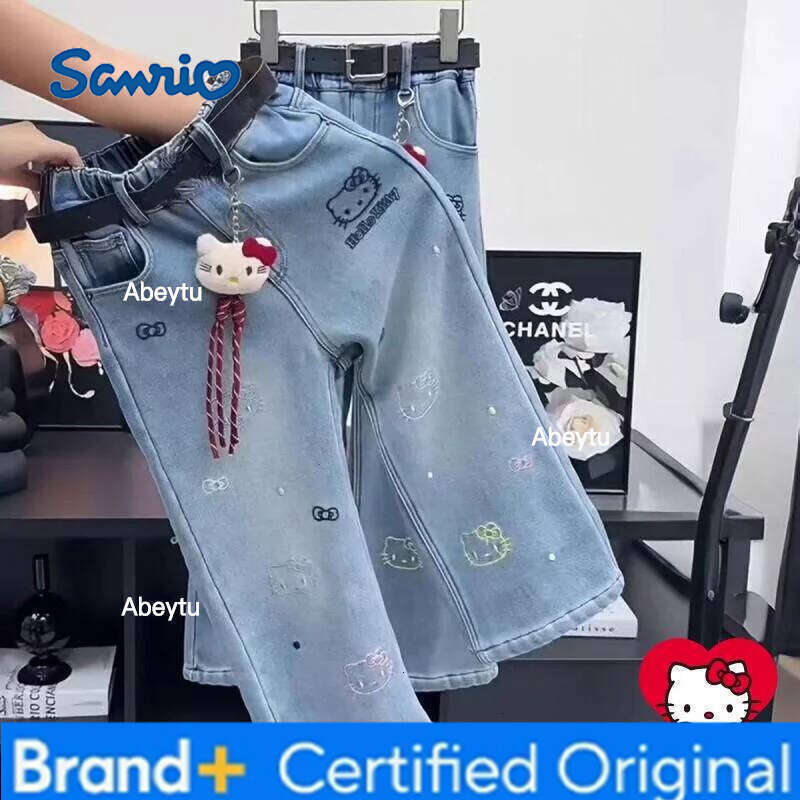 Sanrio Hello Kitty Jeans Girl Kids Kawaii Casual Fashion Cute Warm Autumn and Winter Student Loose Pants Children's Clothing H260206
