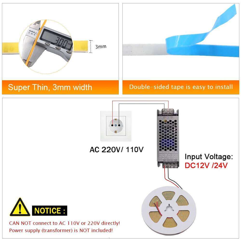 12V 24V COB Strip 3mm 5mm PCB Ultra Thin Light 384 LEDs CRI90 Super Bright Flexible LED Tape For Cabinet Home Liner Lighting Z260206