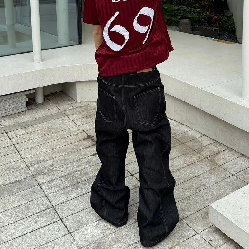 Korean High Street Buckle Curved Jeans Autumn MenS Loose Straight Leg Pants Black Wide Casual HipHop 260127