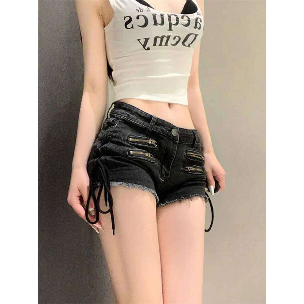 women's rough edge zipper strap ripped denim y2k black hot pants jean shorts C260206