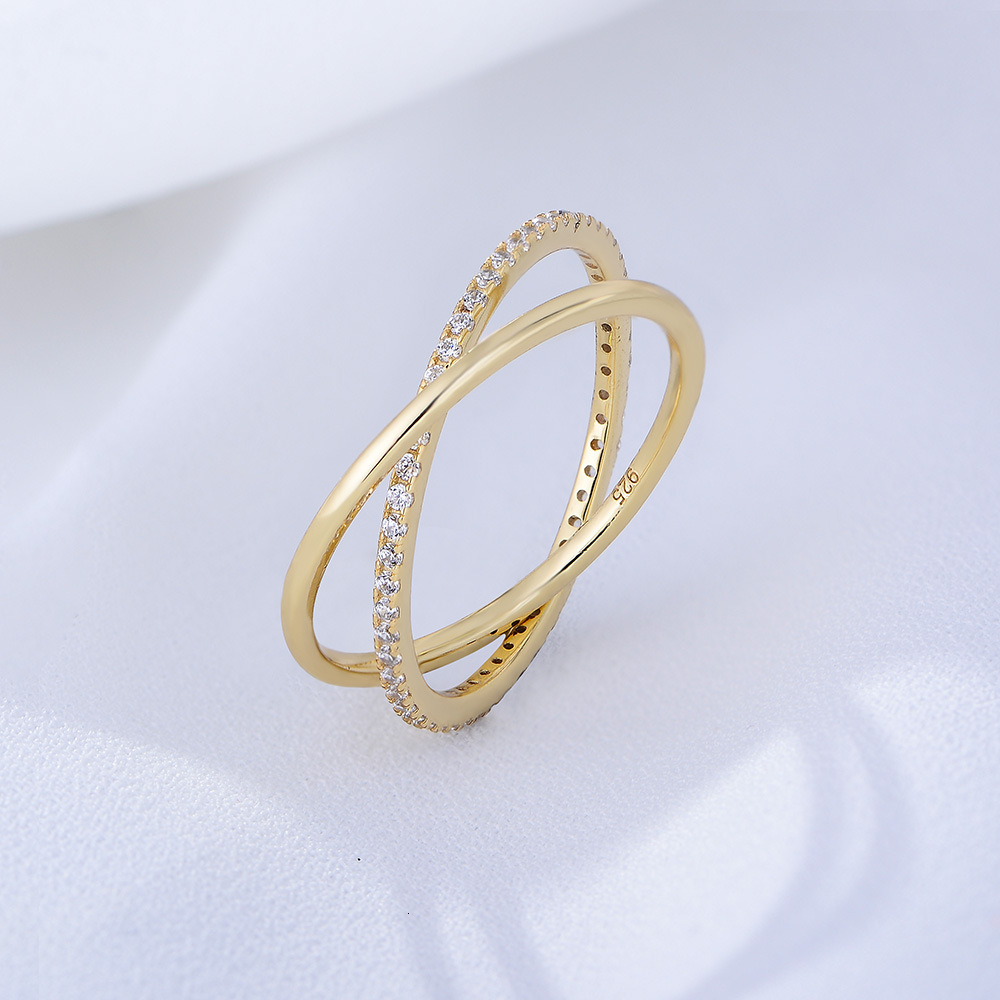 S925 Korean-style sterling INS-style simple double-ring interlocking full-zirconia ring, silver finger ring