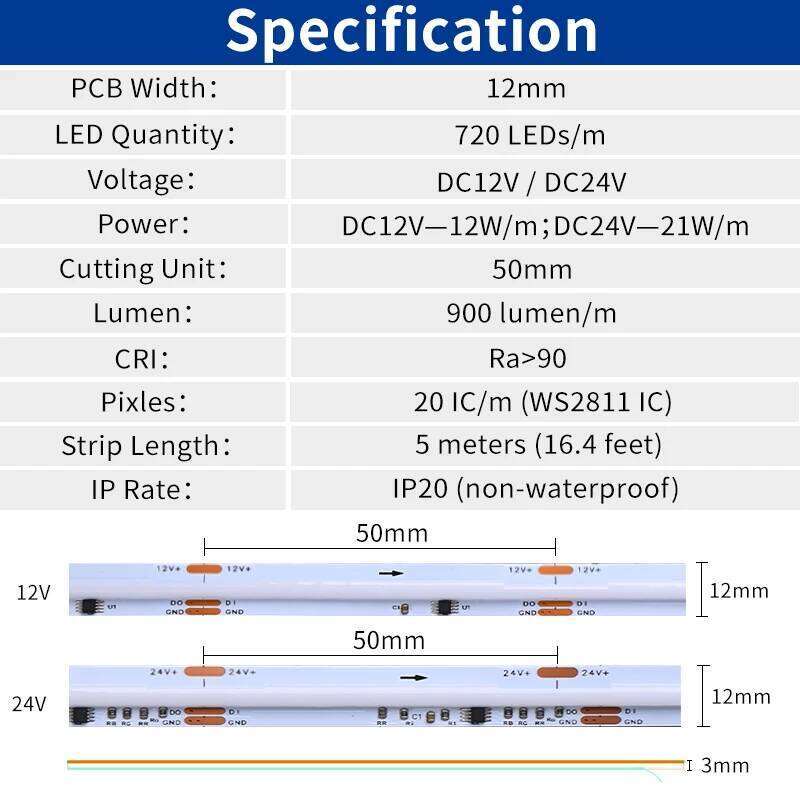 SPI COB RGBIC LED Strip Light Pixel WS2811 Addressable 720LEDs Dream Color WS2812B Flexible Dimmable FOB Lights RA90 DC12V 24V Z260206