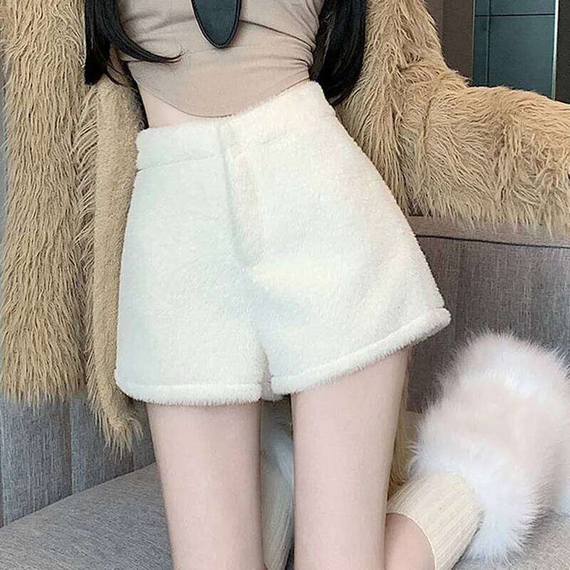 Women Elastic High Waist Plush 2025 Autumn Winter Artificial Fur Thick Femme Casual Ladies Shorts White Boots Pant XJ260206