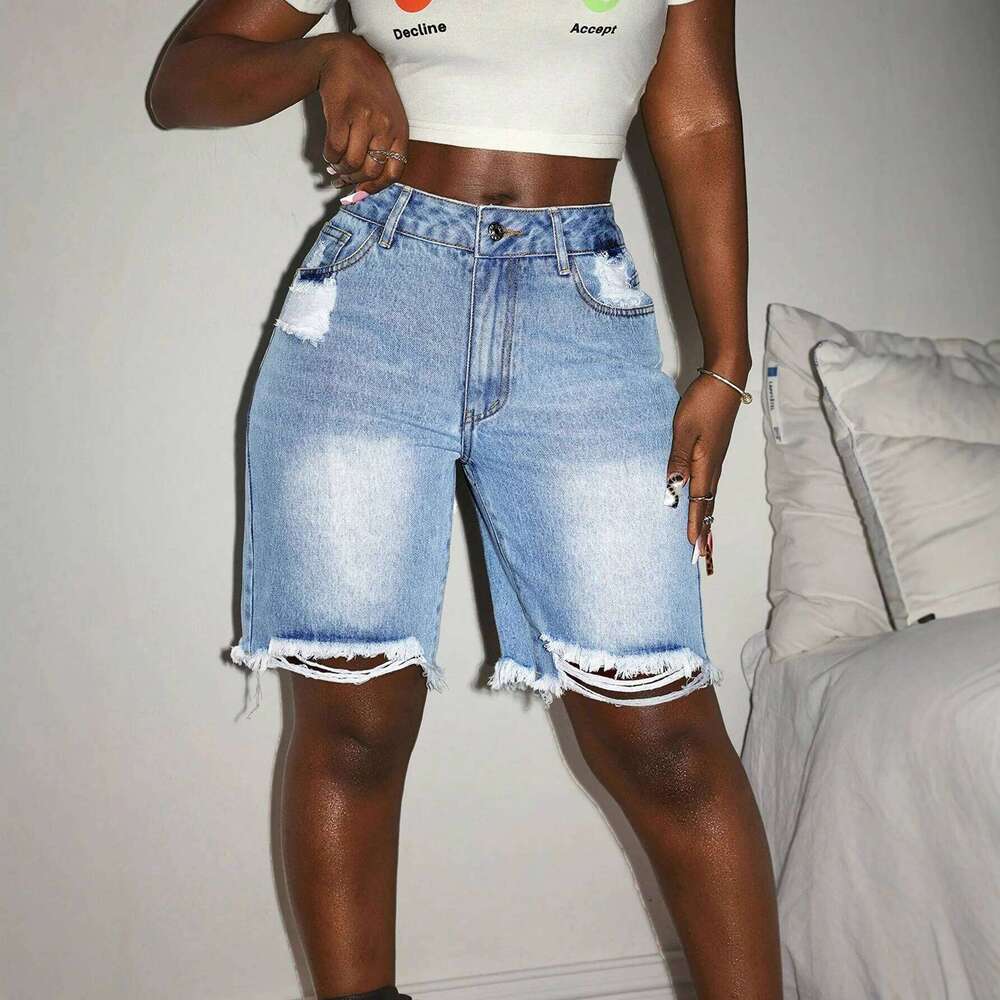 Womens Ripped Bermuda Denim Solid Color Casual High Waist Raw Hem Knee Length Jean Shorts Streetwear H260206