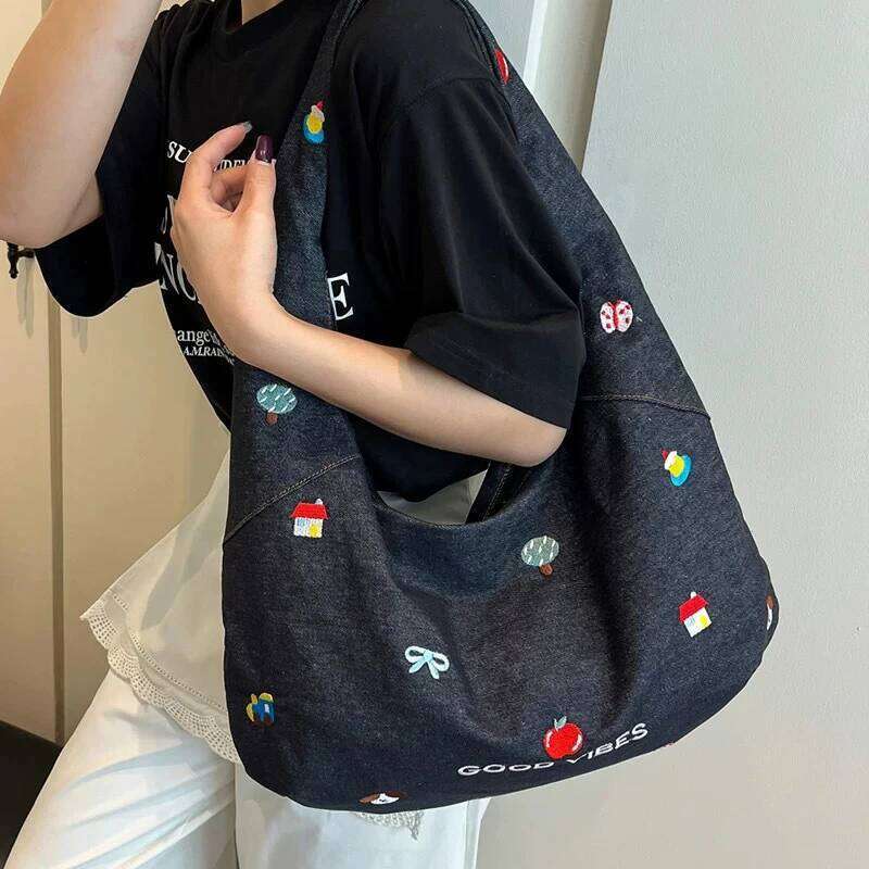 Korean Embroidered Denim Tote Womens New Style Large Capacity Commuter Shoulder Crossbody Bag For Fashion Gift Y260205