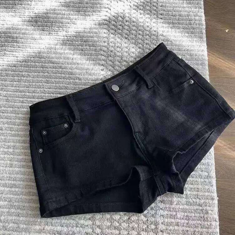 Korean Style Streetwear Women Casual Fashion Low Waist Jeans Gothic Black Denim Shorts Pants for Ladies Outfits Chic XJ260206