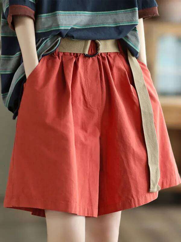 Casual Cotton ort Women's New Sle Thin Wide Leg Slimming Versatile Commuting Belted Five-Quarter Hot Pants XJ260206