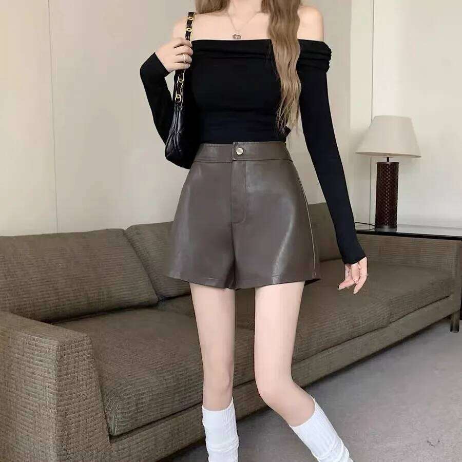 Black PU Leather Shorts Women's Autumn Winter Casual High Waist Slimming A- Line Wide Leg Short Outerwear Boot Pants XJ260206
