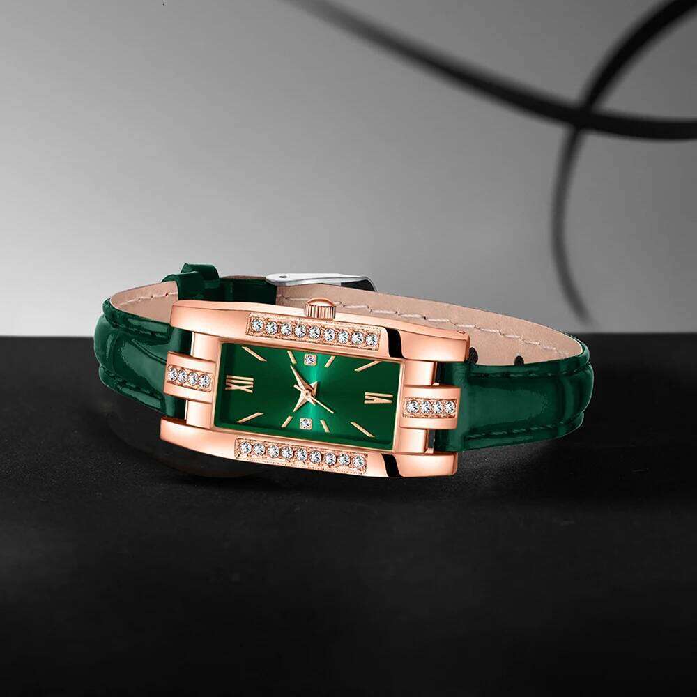 9 Pieces Green for Women Fashionable Rectangular Dial Watch Quartz Bracelet Necklace Earrings Set Holiday Gift Z260206