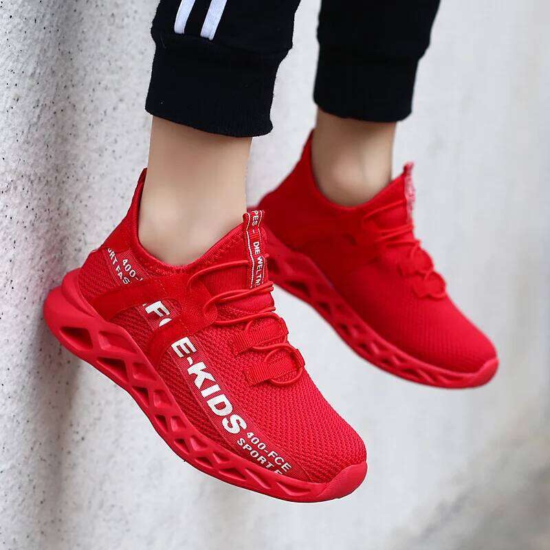 Red Children's Shoes Sports Running Sneakers Breathable Lightweight Soft Non-slip Mesh Comfortable Walking For Boys Girls Kids 26Y0206