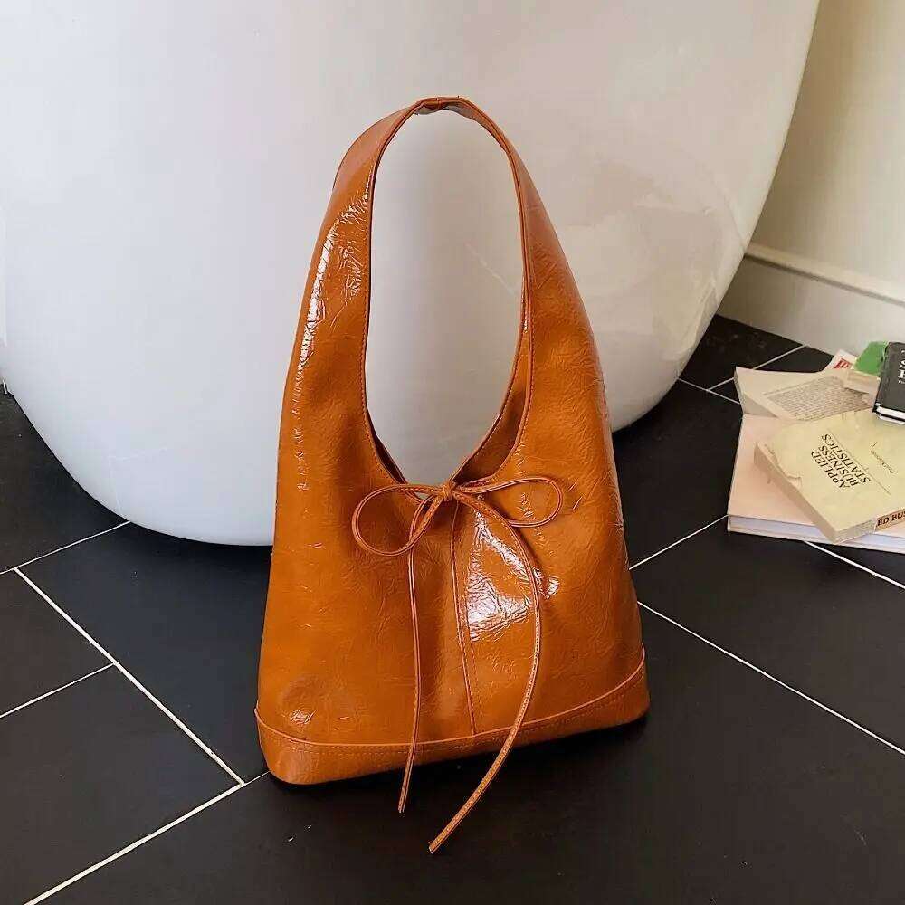 New Deisgn Oil Wax Leather Tote Large Capacity Solid Color Bow Bucket Sweet Korean Style Commuting Shoulder Bag Ladies Y260205