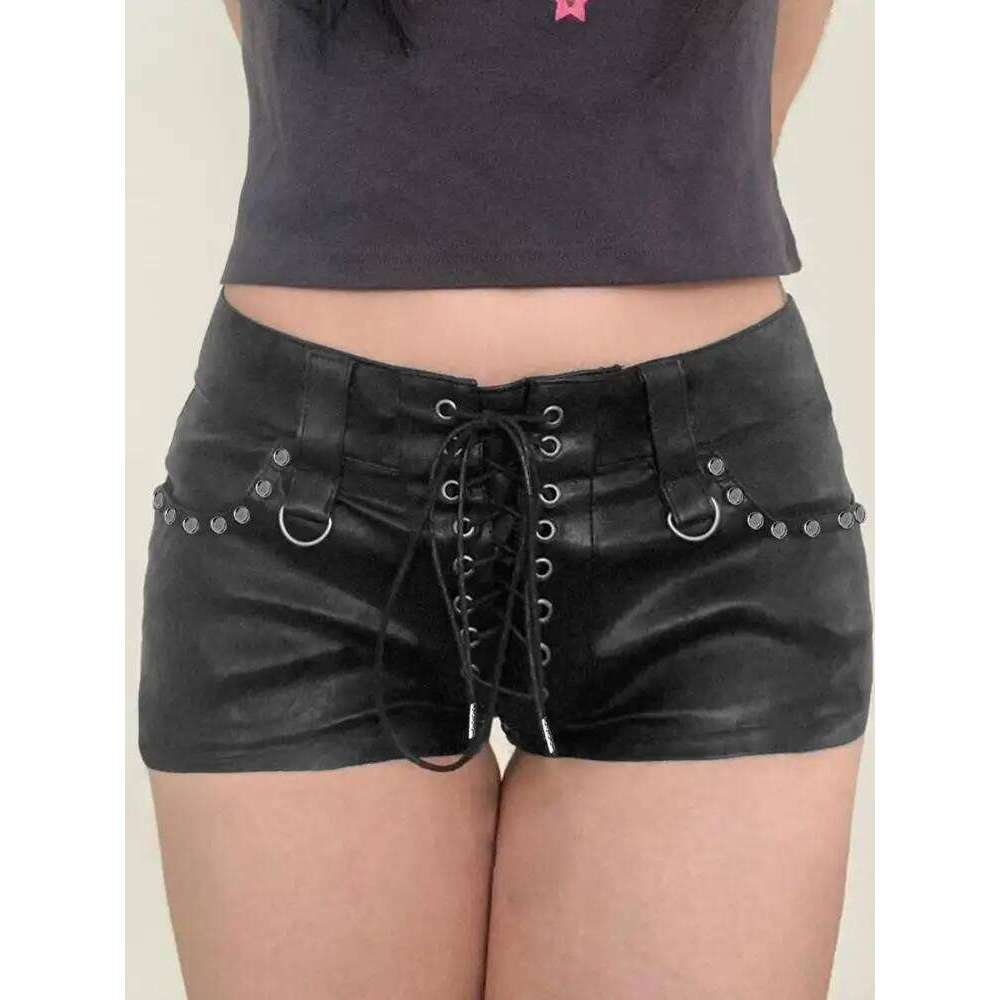 Y2K Aesthetic Patchwork Rivet Pu Shorts Chic Lace Up Skinny Leather Pants Women Retro Hippie Casual Clothing XJ260206