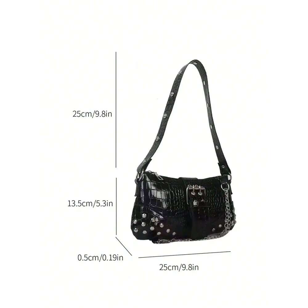 Women's Underarm Bag, European And American Style Vintage Rivet Motorcycle With Pleat Crescent Solid Shoulder Bag For Women Y260205
