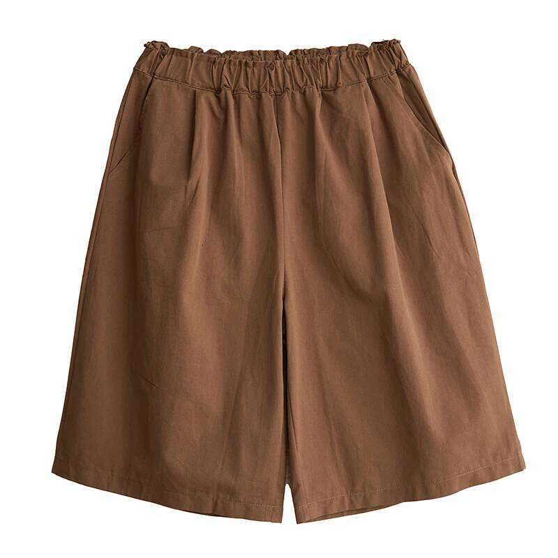 Loose Wide Leg Khaki orts Women's Summer Elastic High Waist Slimming Cotton Linen Five-Quarter Straight Cut Casual Trousers XJ260206