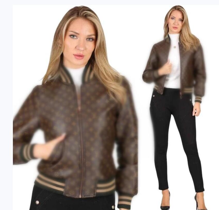 Designer luxury Women's baseball colloar pu leather Jackets Fashion printed short casual brown color jacket Spring Female lady Chic High Streetwear top coats