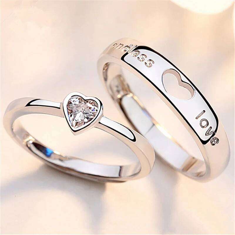 2Pcs Zircon Heart Matching Couple For Women Men Endless Love Forever Wedding Finger Ring Lover Valentine's Day Jewelry Gift W260206