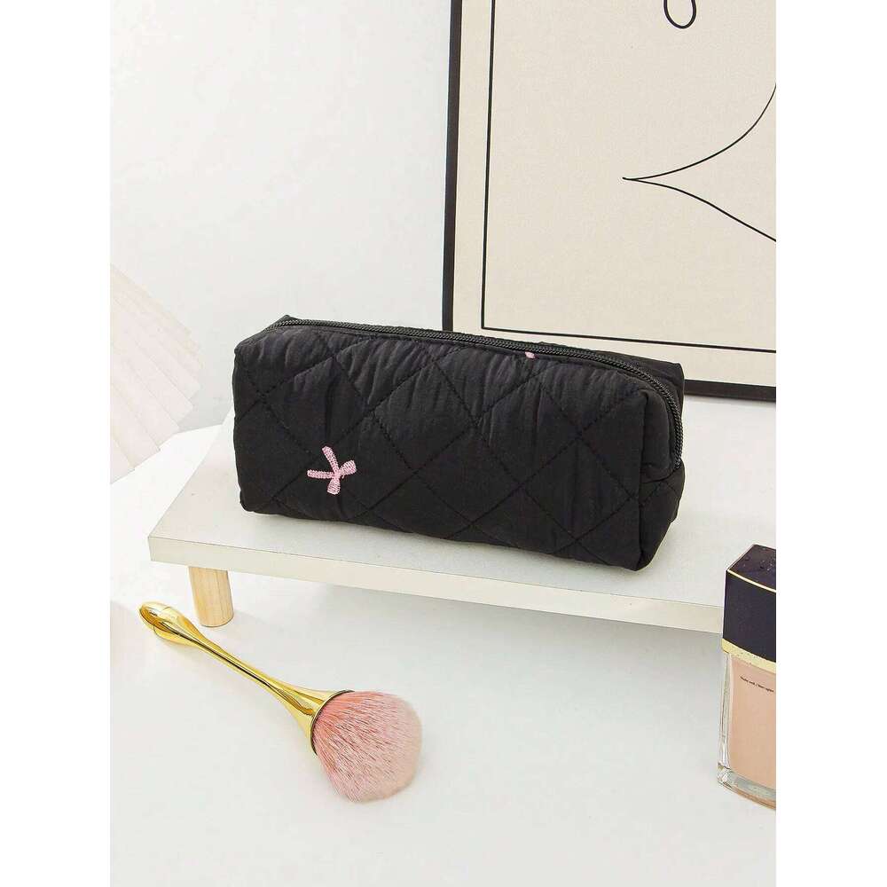 1 piece/set black bow quilted large capacity zipper bag, multifunctional travel storage makeup bag Y260206