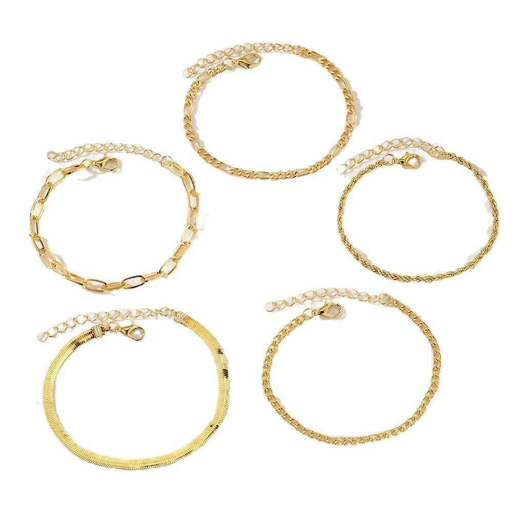 5-piece minimalist metal chain bracelet set for women, stylish stackable wrist accessory, jewelry, birthday gift. 26H0206