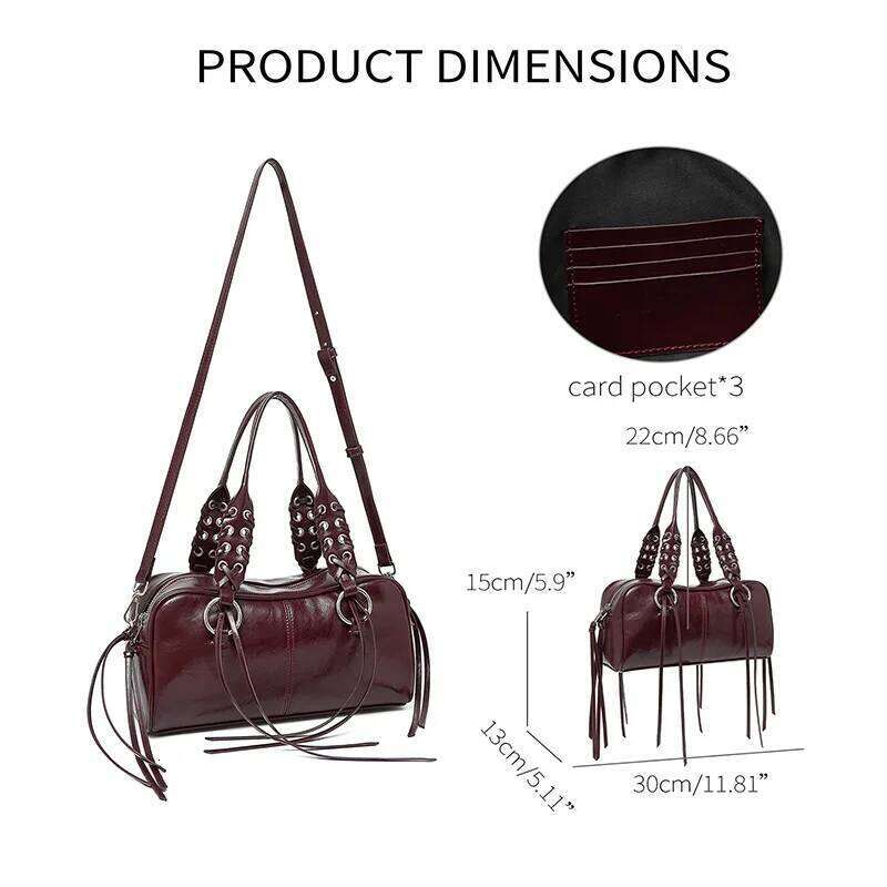 Crack Effect Crossbody Bowling Bag,Designer Punk Metal Studded Fringed Women Sling Shoulder Bag,Burgundy Rivet Tassel Handbag Y260205