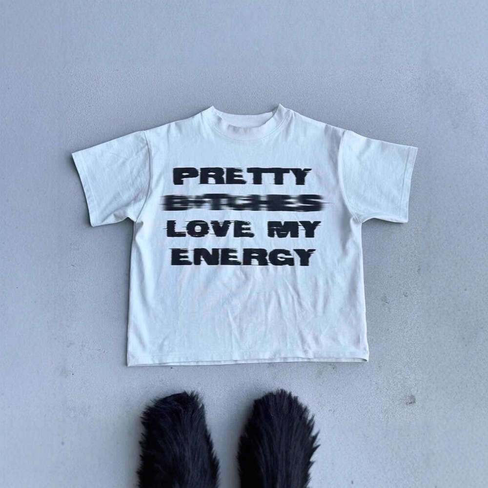 250g heavyweight pure cotton! American-style oversized vintage fuzzy letter print loose-fitting short-sleeve T-shirt for couples, men's