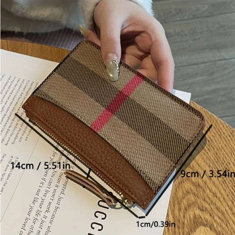 1pc Stylish Vintage Zipper Coin Purse for Women Large Capacity Genuine Leather Wallet, with Key Holder Brown & Beige Plaid Design Y260206