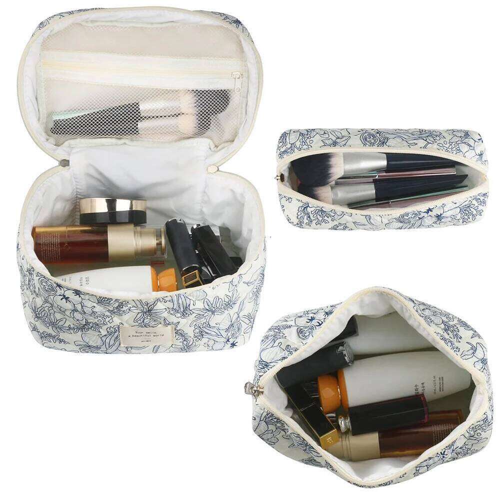 3Pcs Floral Travel Makeup Pouch Cotton Quilted Cosmetic Organizer Case Large Capacity Skincare Bag with Zipper for Women Girls Y260206