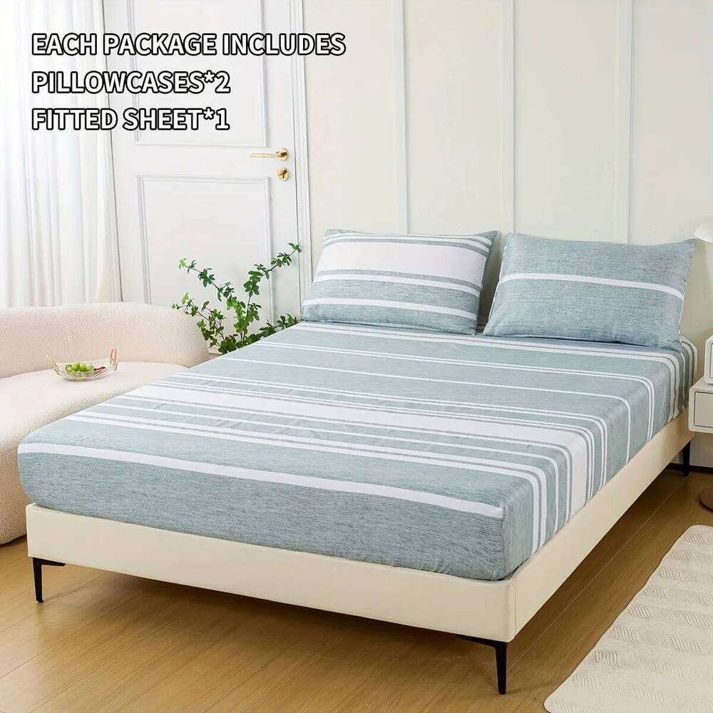 3-Piece Striped Set Luxuriously Soft & Breathable Includes 1 Fitted Sheet and 2 Pillowcases for Cozy Sleep Pe XJ260206