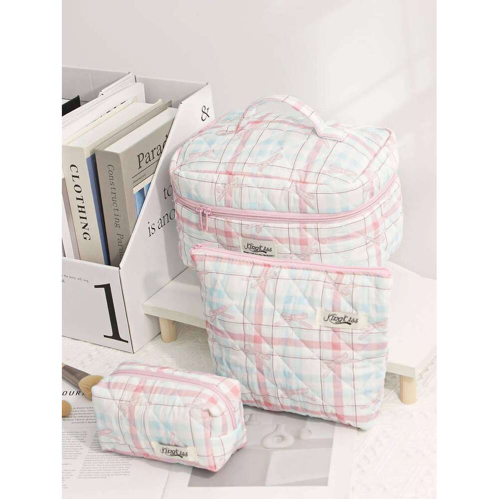 1pc/set plaid quilted large capacity toiletry travel storage bag, multifunctional makeup bag Y260206