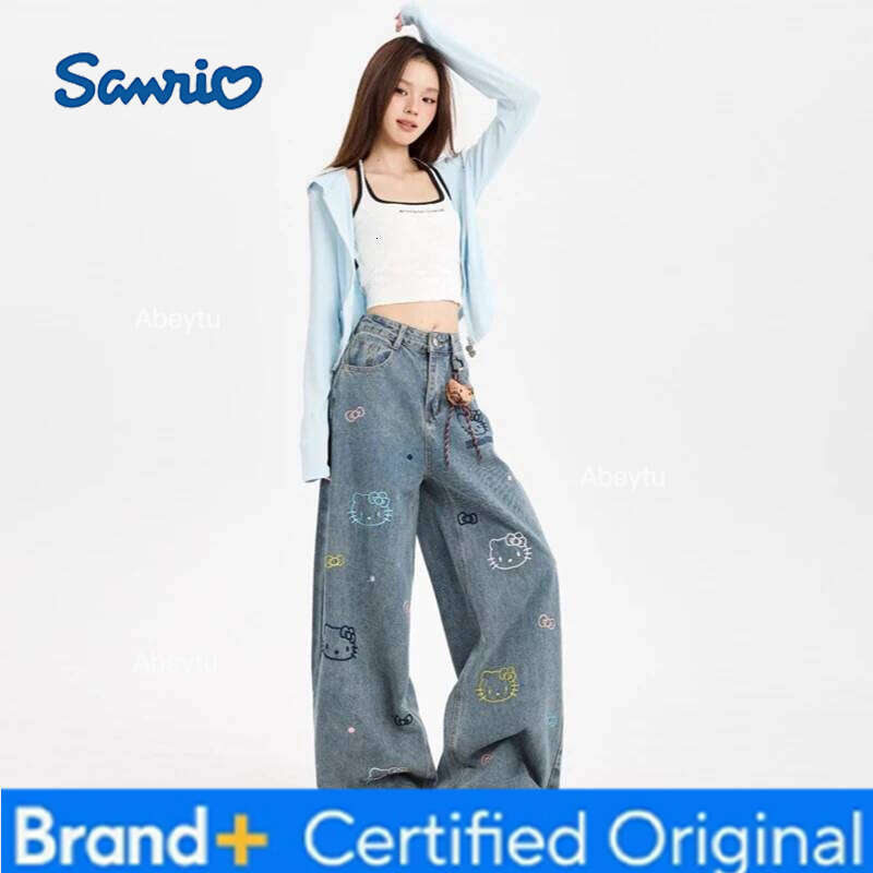 Sanrio Hello Kitty Jeans Denim For Plus Size Women Autumn Fashion Embroidery Loose Fit Slimming Straight Leg Niche Design H260206