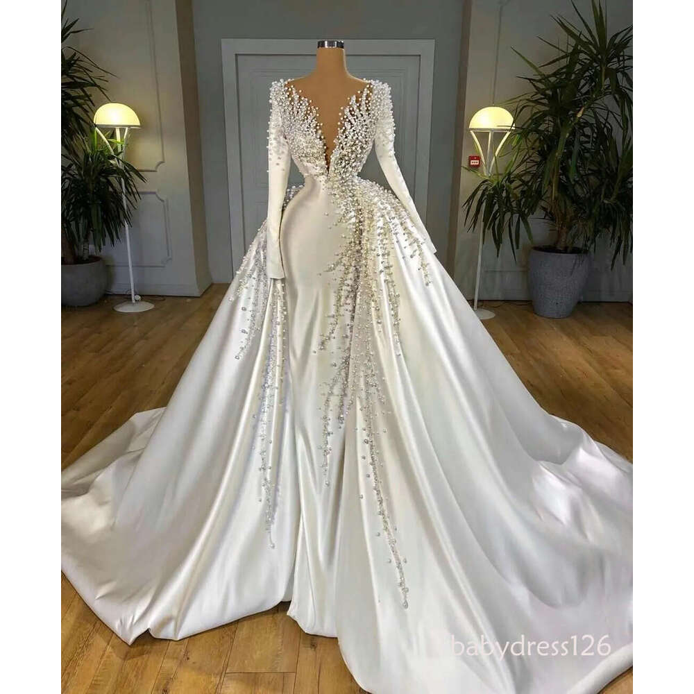 Dubai Gorgeous A-line Wedding Dresses With Detachable Train Ruched Satin Pearls Beads Mermaid Bridal Gowns Long Sleeve Marriage Dress Robe De Marie 4D