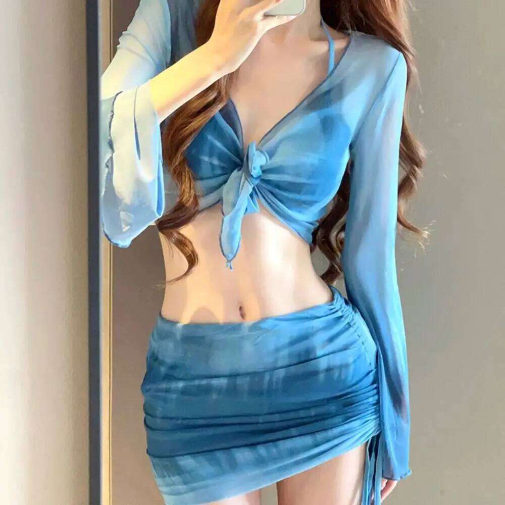 Casual Style Tie Dye Bikini Mesh Long Sleeve 4 Piece Swimsuit Pleated Skirt Side Ruched Swimwear Set Beachwear XJ260206