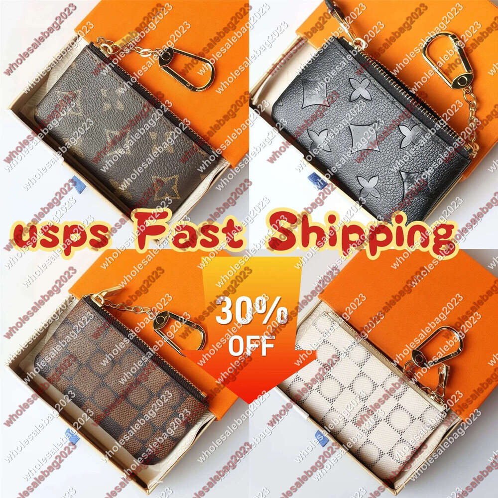 With box Key Pouch Leather Bag Holders Purse CLES Designer Fashion Womens Mens Key Ring Credit Card Holder Coin Purses Mini Wallet Charm Brown Canvas