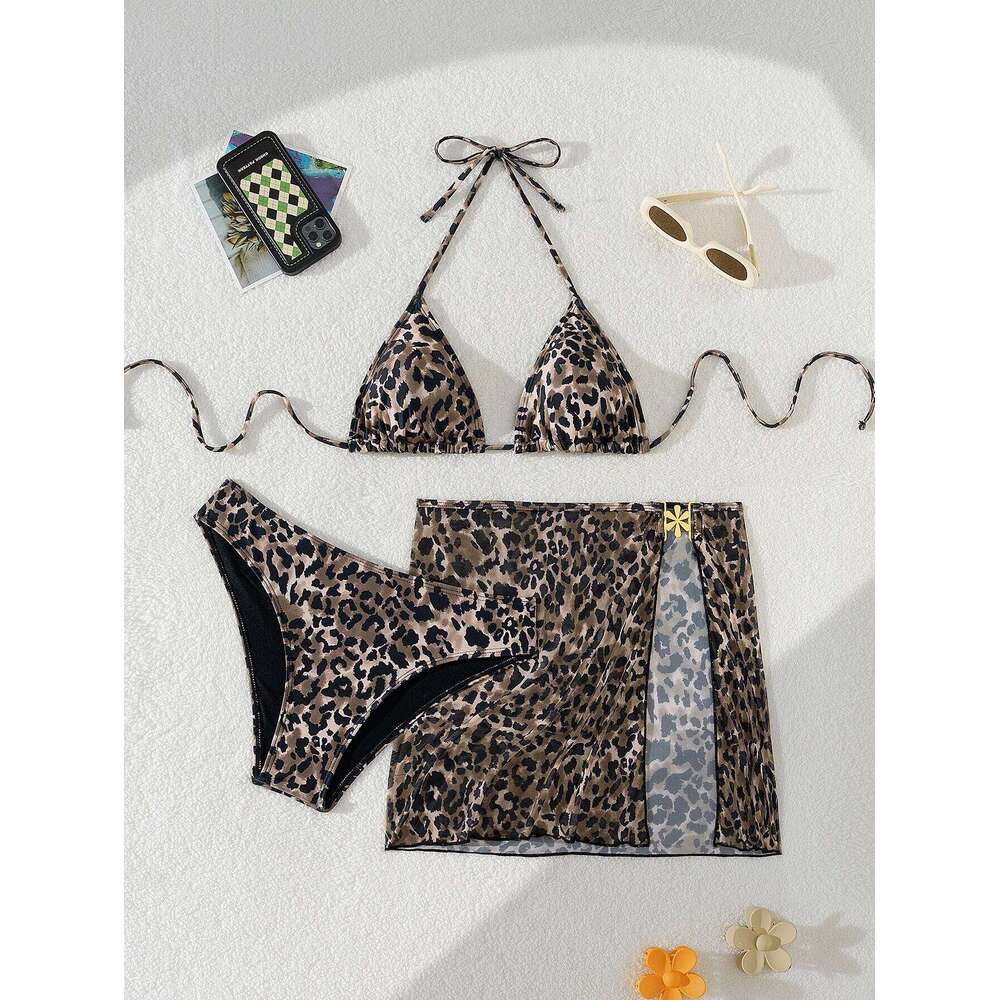 Leopard print bikini, European and American triangular cup strap, high-end metal floral swimsuit three-piece set XJ260206