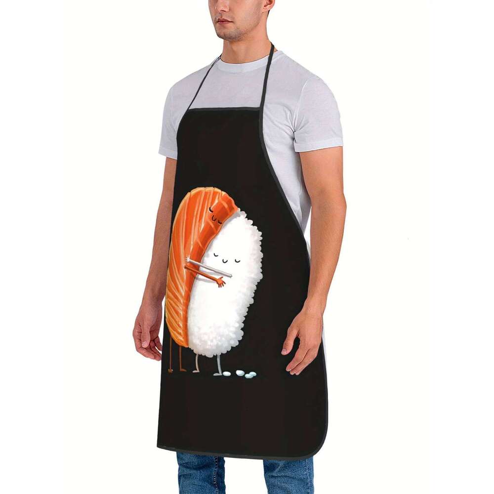 Hug Vintage-Style Apron - Black with Whimsical Sushi Design, Durable & Comfortable for Cooking, Grilling, BBQ S260205