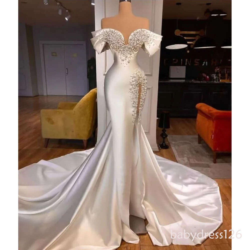 STEVDITG Elegant Women Wedding Satin Fashion Sweetheart Pearls Beading Side Slit Court Train Mermaid Gown Bride Dress