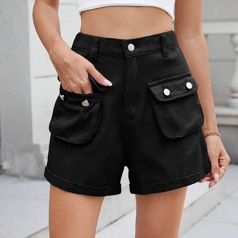 Flap Pocket Cargo Denim Women's Summer High Elastic Waist Matching Casual Rolled Hem Straight Shorts Jeans H260206