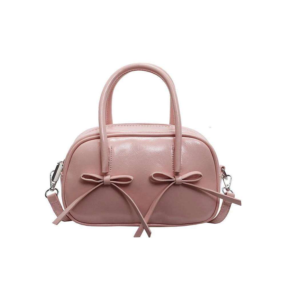 Sweet Bow Zipper Pink Handbag Women Summer New Korean Solid Oil Leather Commute Bowling Bags Fashion Versatile Crossbody Bag Y260205