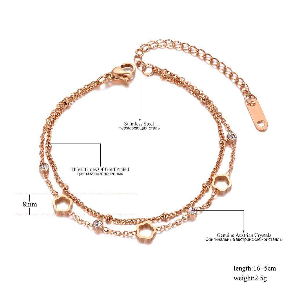 JeeMango Bohemia Stainless Steel Double-layer Charm Bracelets Trendy CZ Crystal Flower Chain Jewelry For Women JB2102 26H0206