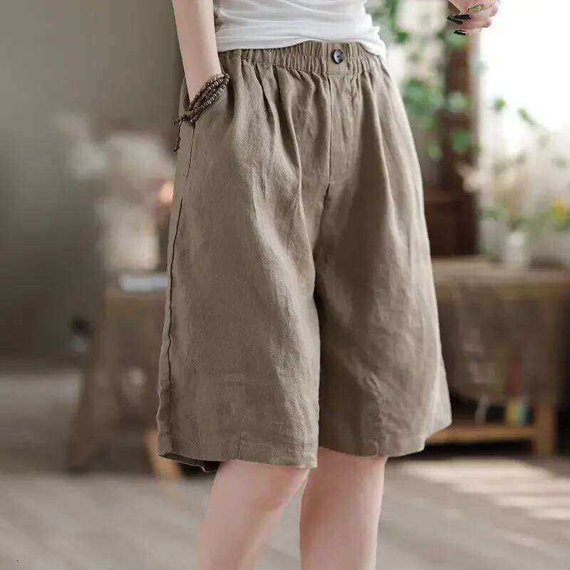 Womens Wide Leg 2025 New Comfy Cotton Linen Summer Fashion Casual Short Pants Loose Knee Length Shorts XJ260206