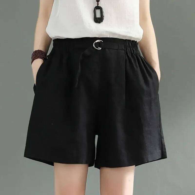 Retro Women's Loose Elastic Waist Casual Slimming Versatile Fake Cotton Linen Wide Leg Shorts Summer Wear XJ260206