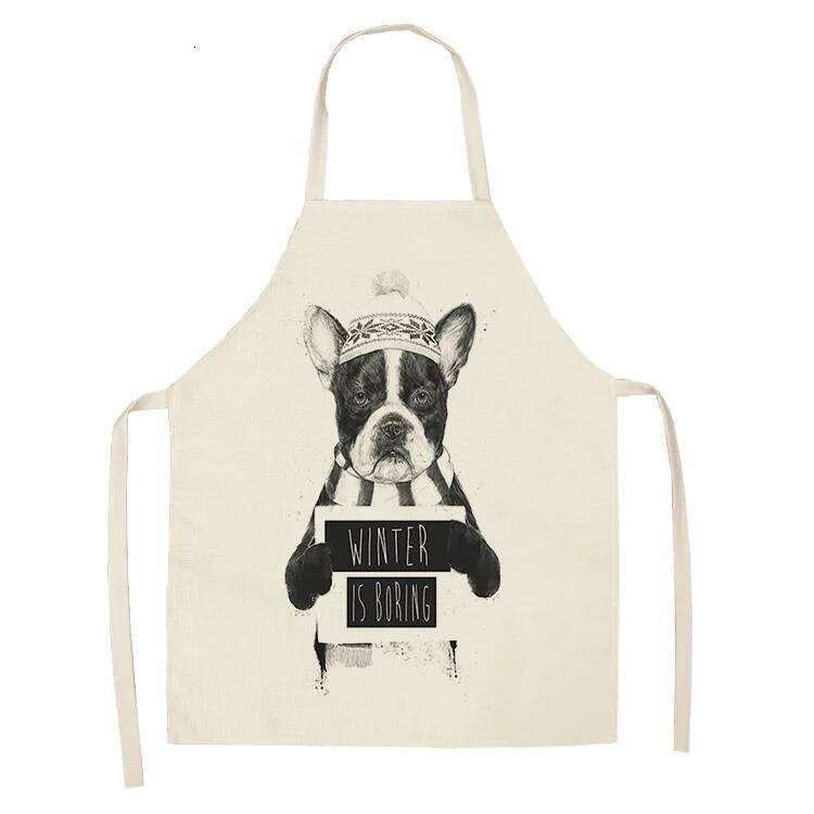 1 Pcs Cotton Linen BullDog Dog Print Kitchen Aprons Unisex Dinner Party Cooking Bib Funny Pinafore Cleaning Apron S260205